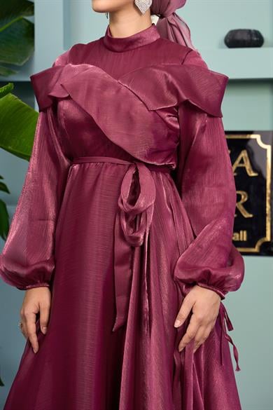 Waist Tied Evening Dress with Special Detail on the Front - Marsala