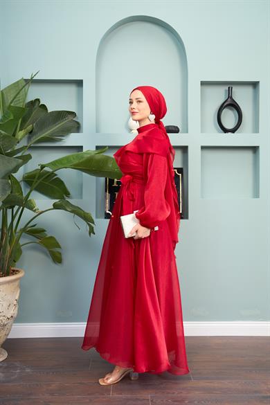 Waist Tied Evening Dress with Special Detail on the Front - Red