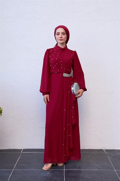 Evening Dress with Special Design Stone Detail on the Front - Claret Red