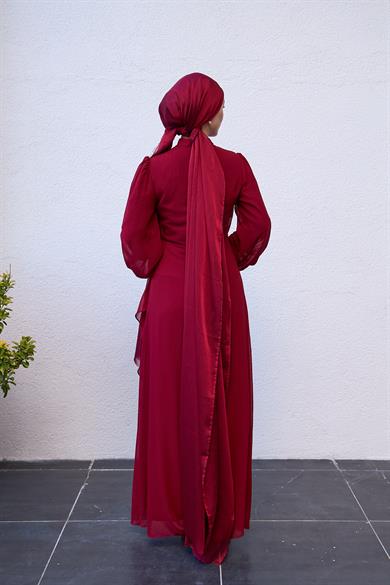 Evening Dress with Special Design Stone Detail on the Front - Claret Red