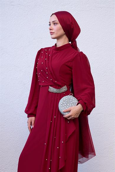 Evening Dress with Special Design Stone Detail on the Front - Claret Red