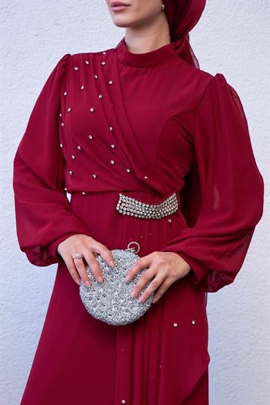 Evening Dress with Special Design Stone Detail on the Front - Claret Red