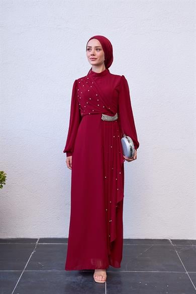 Evening Dress with Special Design Stone Detail on the Front - Claret Red