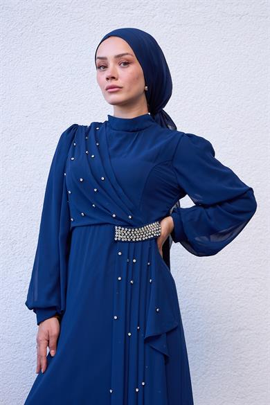 Evening Dress with Special Design Stone Detail on the Front - Navy Blue
