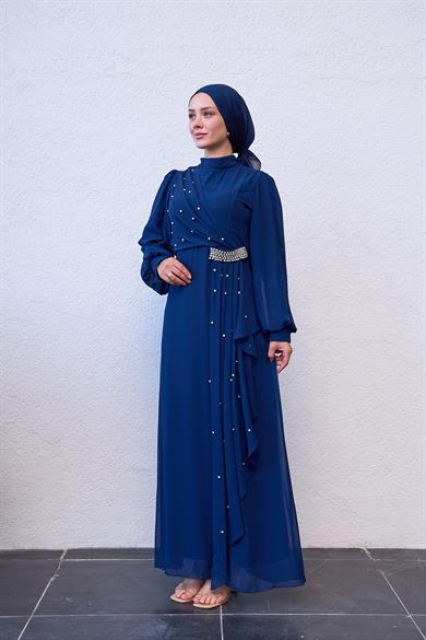 Evening Dress with Special Design Stone Detail on the Front - Navy Blue