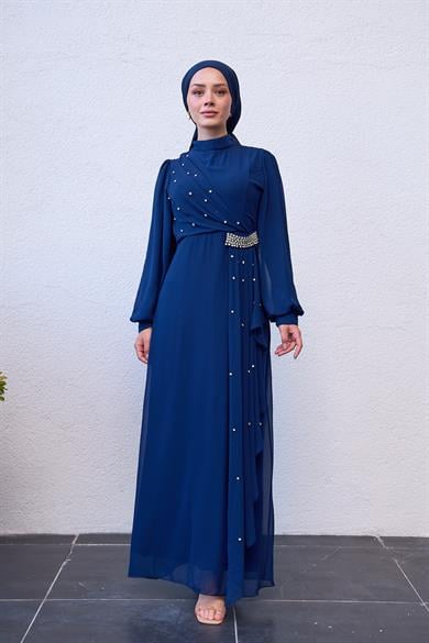 Evening Dress with Special Design Stone Detail on the Front - Navy Blue