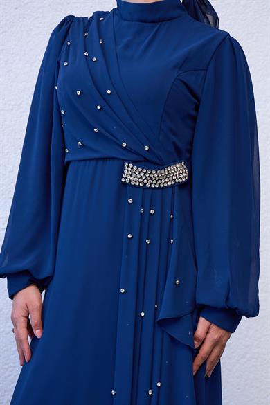 Evening Dress with Special Design Stone Detail on the Front - Navy Blue