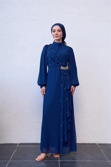 Evening Dress with Special Design Stone Detail on the Front - Navy Blue