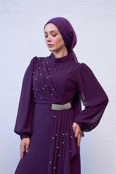 Evening Dress with Special Design Stone Detail on the Front - Purple