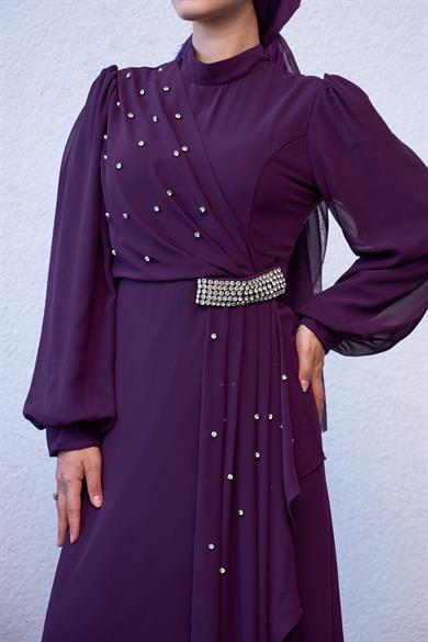 Evening Dress with Special Design Stone Detail on the Front - Purple