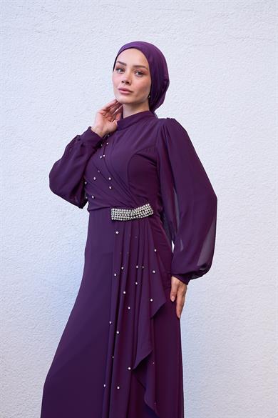 Evening Dress with Special Design Stone Detail on the Front - Purple