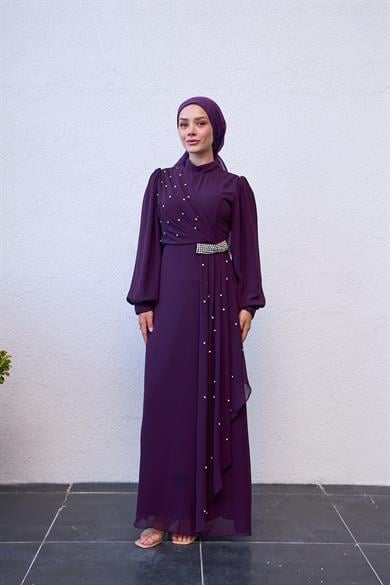 Evening Dress with Special Design Stone Detail on the Front - Purple