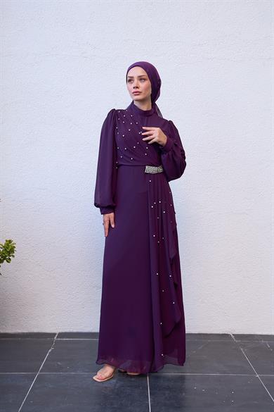 Evening Dress with Special Design Stone Detail on the Front - Purple