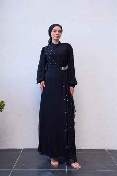 Önü Özel Tasarım Taş Detaylı Abiye - Siyah