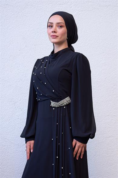 Önü Özel Tasarım Taş Detaylı Abiye - Siyah