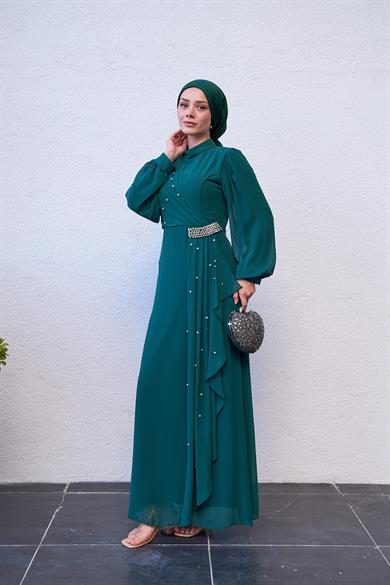 Evening Dress with Special Design Stone Detail on the Front - Emerald Green