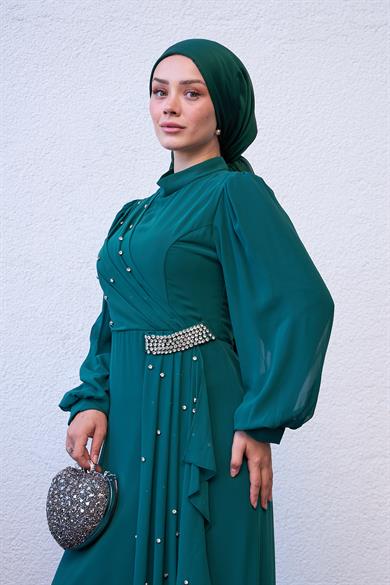 Evening Dress with Special Design Stone Detail on the Front - Emerald Green