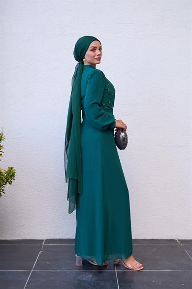 Evening Dress with Special Design Stone Detail on the Front - Emerald Green