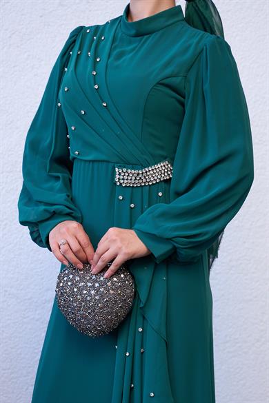 Evening Dress with Special Design Stone Detail on the Front - Emerald Green