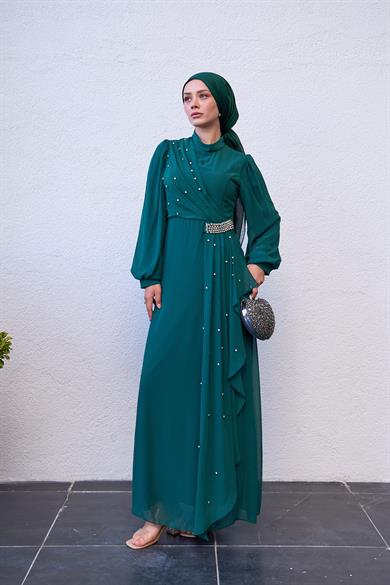 Evening Dress with Special Design Stone Detail on the Front - Emerald Green