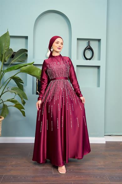 Stone Embellished Satin Evening Dress - Claret Red