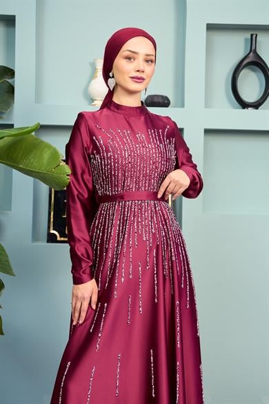 Stone Embellished Satin Evening Dress - Claret Red
