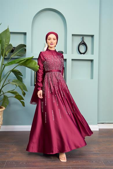 Stone Embellished Satin Evening Dress - Claret Red