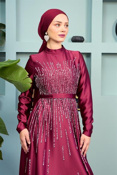 Stone Embellished Satin Evening Dress - Claret Red