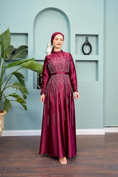 Stone Embellished Satin Evening Dress - Claret Red