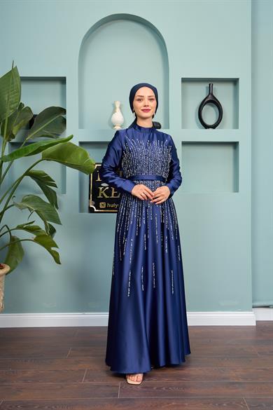 Satin Evening Dress with Stone Decorations on the Front - Navy Blue