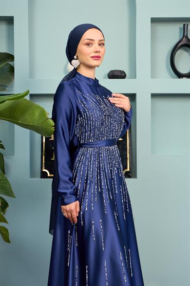 Satin Evening Dress with Stone Decorations on the Front - Navy Blue