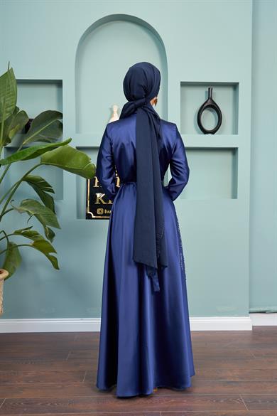 Satin Evening Dress with Stone Decorations on the Front - Navy Blue