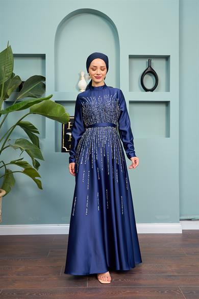 Satin Evening Dress with Stone Decorations on the Front - Navy Blue
