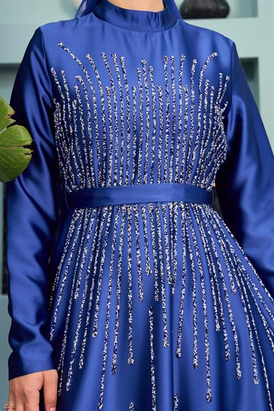 Stone Embellished Satin Evening Dress on the Front - Saks Blue