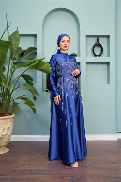 Stone Embellished Satin Evening Dress on the Front - Saks Blue