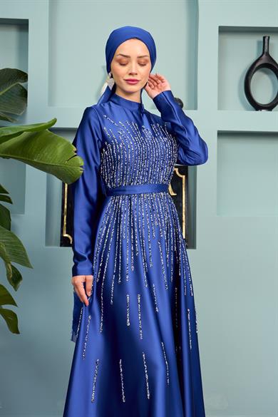 Stone Embellished Satin Evening Dress on the Front - Saks Blue