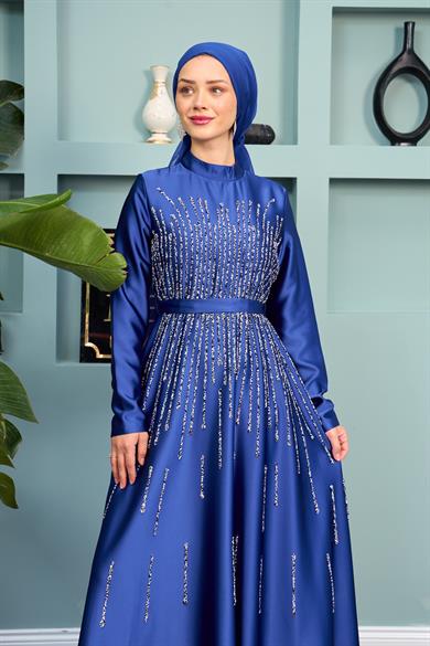 Stone Embellished Satin Evening Dress on the Front - Saks Blue