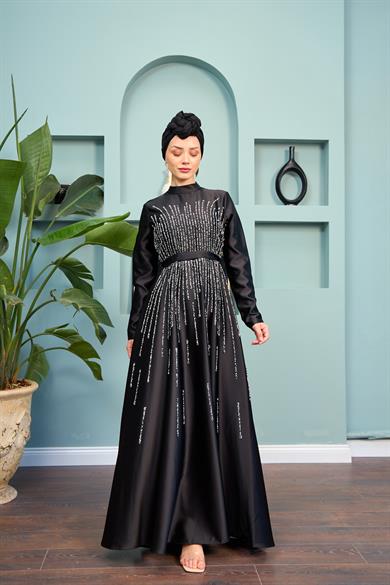 Stone Embellished Satin Evening Dress - Black