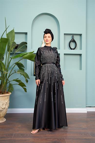 Stone Embellished Satin Evening Dress - Black