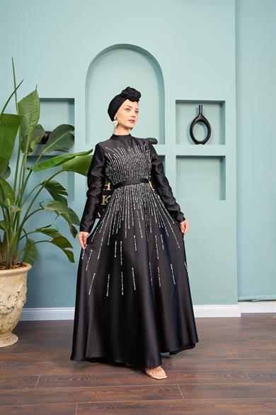Stone Embellished Satin Evening Dress - Black