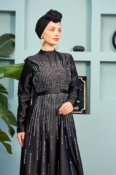 Stone Embellished Satin Evening Dress - Black