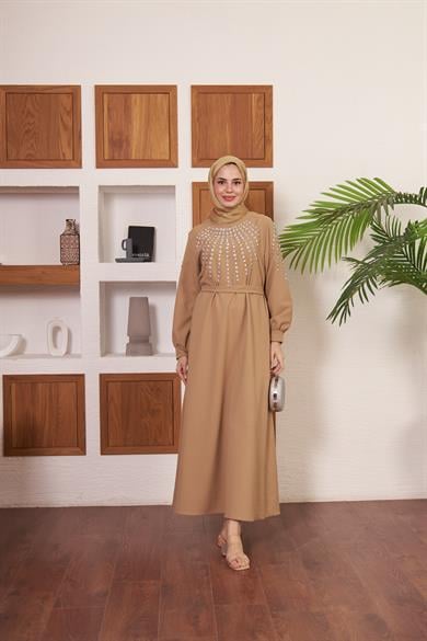 Önü ve Kolları Taş İşlemeli Krep Abiye - Vizon