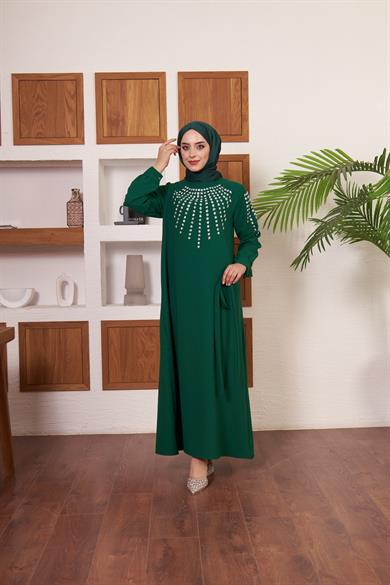 Önü ve Kolları Taş İşlemeli Krep Abiye - Yeşil