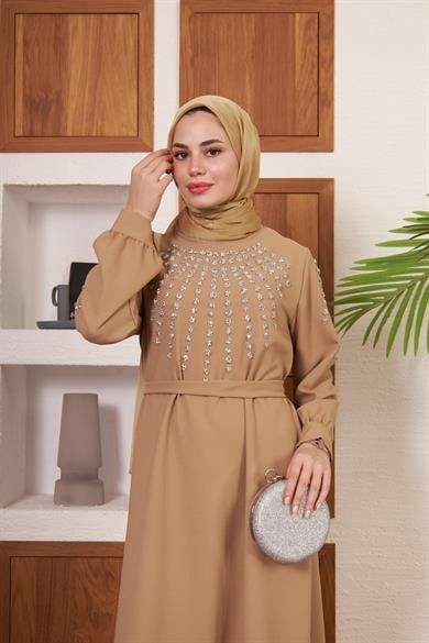 Önü ve Kolları Taş İşlemeli Krep Abiye - Vizon