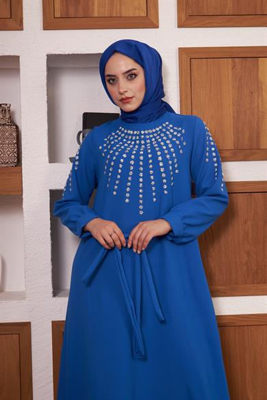 Önü ve Kolları Taş İşlemeli Krep Abiye - İndigo