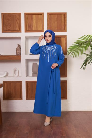 Önü ve Kolları Taş İşlemeli Krep Abiye - İndigo