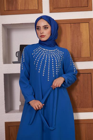 Önü ve Kolları Taş İşlemeli Krep Abiye - İndigo