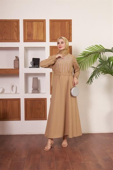 Önü ve Kolları Taş İşlemeli Krep Abiye - Vizon