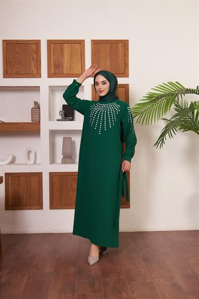 Önü ve Kolları Taş İşlemeli Krep Abiye - Yeşil
