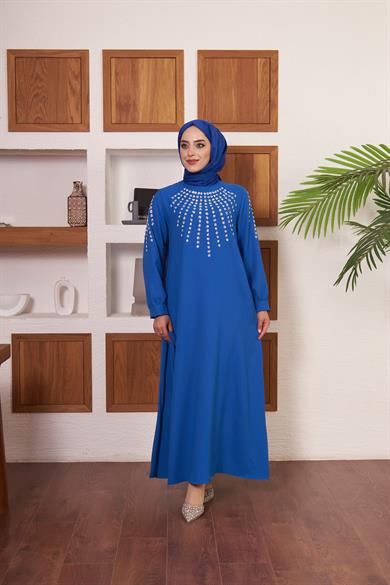 Önü ve Kolları Taş İşlemeli Krep Abiye - İndigo
